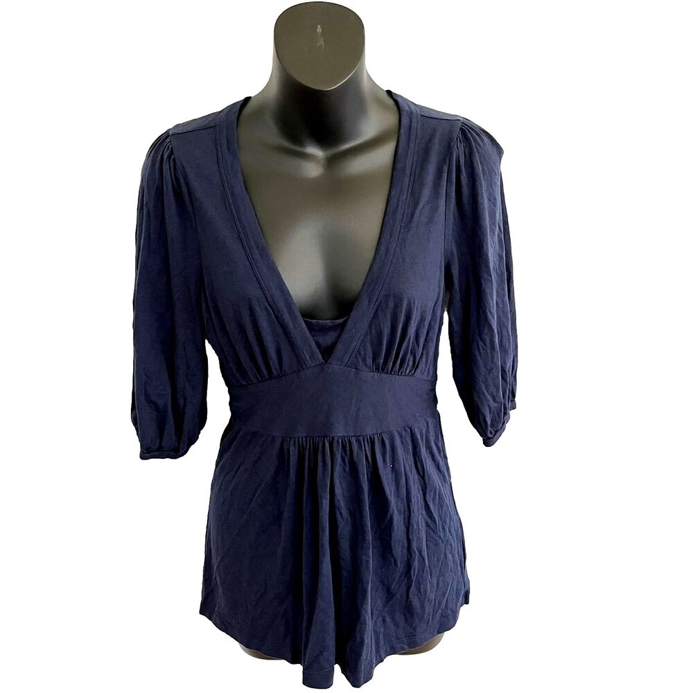 Juicy Couture Womens Top Petite Navy Blue V Neck Quarter Sleeve Y2K Casual